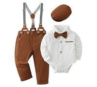 Conjuntos de Ropa para Bebés Niño, Niño Caballero Conjunto para Bautizo Fiesta Boda Camisa de Manga Larga con Pajarita+ Tirantes Pantalones Traje Ropa Blanco, 3-6 meses