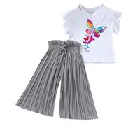 Conjuntos de Ropa para niños Cortos Casual 2 Piezas Cuello Redondo y Botones Chaleco Sin Mangas Pantalones Trajes Gasa Fruncido Sueltos Traje Moda a 11 años