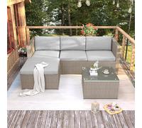 Conjuntos de sofás de exterior, muebles de jardín de exterior, sofás de esquina, sofás de exterior, sofás con cojines y respaldo, mesas de salón con tablero de cristal, ratán de polietileno. (Caqui)