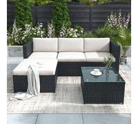 Conjuntos de sofás de exterior, muebles de jardín de exterior, sofás de esquina, sofás de exterior, sofás con cojines y respaldo, mesas de salón con tablero de cristal, ratán de polietileno. (Negro)