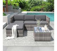 Conjuntos de sofás de exterior, muebles de jardín de exterior, sofás de esquina, sofás de exterior, sofás con cojines y respaldo, mesas de salón con tablero de cristal, ratán de polietileno. (Gris)