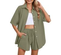 Conjuntos de verano para mujer, camisa de manga larga con botones, blusa y pantalones cortos, conjunto de dos piezas, ropa de descanso para mujer, ropa a juego para salir, vacaciones, playa, GN1., S