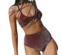 Conjuntos Mujer Verano BañAdores Conjunto Playa Women Two Piece Bathing Suit Sexy Bikini Set Shiny Solid Color Swimsuit High Waisted Beachwear Bikini Mujer BrasileñO Ropa Talla Grande (Wine, M)