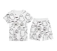 Conjuntos y Conjuntos para niños de 2 a 12 años, cómodos Pantalones Cortos de Manga Corta con Cuello Redondo, Conjunto de Pijama con Estampado de Halloween, línea y Negra, Ropa Informal para