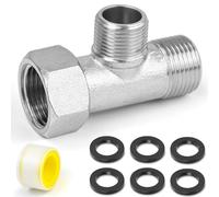 CONJURAIDE Conector de agua en T de latón, pieza en T de 3/8 pulgadas, adaptador de 1/2 pulgadas, 3/8 pulgadas y 1/2 pulgadas, adaptador de distribuidor con cinta de sellado de rosca de 2 m y 6 juntas