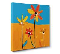 ConKrea - Flores Estilizadas sobre Fondo bicolor - 100x100 cm Cuadro Floral Abstracto sobre Lienzo Enmarcado | Estilo Pop Art, Tonos Naranja, Amarillo, Azul Claro