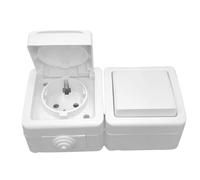 Conmutador 10A 250V y Base Schuko 16A 250V de superficie exterior IP54, ideal para instalaciones eléctricas en exteriores.