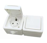 Conmutador 10A 250V y base Schuko 16A 250V, superficie exterior IP54, color blanco, diseño resistente para uso en exteriores.