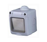 Conmutador estanco de superficie 16A/250V IP55 con tapa de plástico, ideal para uso en exteriores y ambientes húmedos.