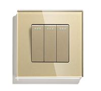 Conmutador Interruptor Pared 3 Gang 1 Way 2 Button Interruptor estándar de casa Negro Blanco Dorado con cristal Panel para el hogar(Golden,1WAY_1)