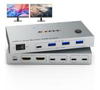 Conmutador KVM, 2 monitores, 2 portátiles, USB C, 4K a 60Hz, USB C, interruptor KVM de doble monitor para 2 portátiles, comparte 4 dispositivos USB 3.0 con PD de 80 W, control remoto con cable y