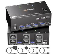 Conmutador KVM 3 monitores 2 computadoras 8K @60Hz 4K @144Hz, HDMI Displayport KVM Switch Triple Monitor para 2 PC Compartir 3 monitores y 4 dispositivos USB 3.0, control remoto con cable y cables USB
