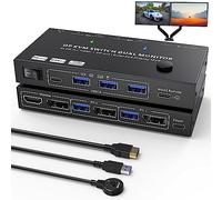 Conmutador KVM Displayport USB 3.0 2 computadoras 2 monitores 4K a 144 Hz, conmutador KVM de monitor dual MST, con 4 puertos USB 3.0, control remoto con cable y cables Displayport 1.4 incluidos