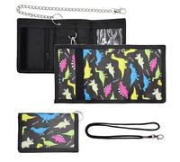 CONNECTION Patrón Dinosaurio Billetera para Niños Cartera Niño con Cordón Cadena Metálica Billetero Infantil Plegable Monedero Triple para Niños Carteras de Dibujos para Adolescentes Chico Chica