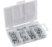 Connex DP8500112 - Tuercas hexagonales (150 piezas, varios tamaños (M3, M4, M5, M6, M8, M10), galvanizadas, preclasificadas en práctica caja de plástico, tuercas de seguridad, caja surtida