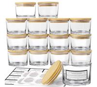CONNOO Paquete de 15 tarros de cristal transparente de 4 onzas con tapas herméticas de bambú para hacer velas, haz tu propia vela pequeña a granel de boca ancha con etiquetas adhesivas de advertencia,