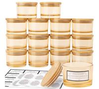 CONNOO Paquete de 15 tarros de cristal ámbar dorado de 113,4 g con tapas herméticas de bambú para hacer velas, recipientes vacíos para velas con etiquetas adhesivas de