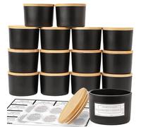 CONNOO Paquete de 15 tarros de vidrio de color negro mate de 4 oz con tapas de bambú herméticas, contenedores de velas vacíos a granel de boca ancha con etiquetas adhesivas de advertencia - Apto para