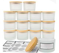 CONNOO Paquete de 15 tarros de vidrio esmerilado de 4 onzas con tapas herméticas de bambú, recipientes vacíos de boca ancha a granel con etiquetas de advertencia adhesivas, aptos para lavavajillas