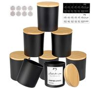 CONNOO Paquete de 8 tarros vacíos de vidrio negro de 14 onzas para hacer velas con tapas de bambú y etiquetas adhesivas, tarros de velas a granel para hacer velas, recipientes de especias y polvo.