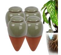 Conos de arcilla para riego Relaxdays, juego de 4, 350 ml, terracota/salvia | Regador con tapa, plantas de interior y macetas de balcón
