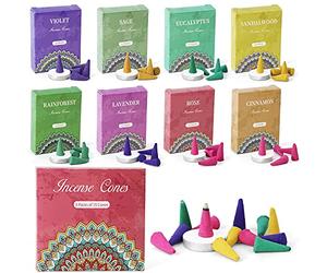 Conos de Incienso Perfumados Natural 120 pcs, 8 Aromas Juego de Regalo de Incienso de Conos, Rosa, Salvia, Lavanda, Púrpura, Canela, Eucalipto, Sándalo, Selva Tropical, para Meditación de Yoga