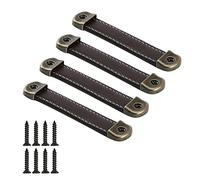 CONPHERON 4 piezas Retro Cuero Manilla de Armario Tiradores de Cuero para Muebles Antiguo Cuero Puerta de Cajón Pomos Manija del Gabinete Cajones Perillas 96 mm