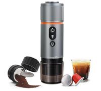 CONQUECO Máquina de café espresso portátil de viaje: cafetera eléctrica de 12 V con batería para camping, autocalentamiento de 2,5 minutos, con café molido y cápsula NS para RV, senderismo, oficina