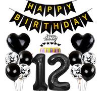 Conruich Decoración de Cumpleaños de 12 años Niñas Niños, Negro Globo 12 años Cumpleaños Decoraciones, Decoración de tarta de 12 cumpleañ, Banner de Feliz Cumpleaños para Fiesta 12 años Decoración