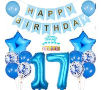 Conruich Decoración de Cumpleaños de 17 años Niñas Niños, Azul Globo 17 años Cumpleaños Decoraciones, Decoración de tarta de 17 cumpleañ, Banner de Feliz Cumpleaños para Fiesta 17 años Decoración