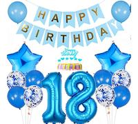 Conruich Decoración de Cumpleaños de 18 años Niñas Niños, Azul Globo 18 años Cumpleaños Decoraciones, Decoración de tarta de 18 cumpleañ, Banner de Feliz Cumpleaños para Fiesta 18 años Decoración