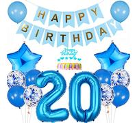 Conruich Decoración de Cumpleaños de 20 años Hombre Mujer, Azul Globo 20 años Cumpleaños Decoraciones, Decoración de tarta de 20 cumpleañ, Banner de Feliz Cumpleaños para Fiesta 20 años Decoración