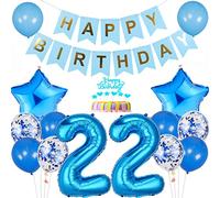 Conruich Decoración de Cumpleaños de 22 años Hombre Mujer, Azul Globo 22 años Cumpleaños Decoraciones, Decoración de tarta de 22 cumpleañ, Banner de Feliz Cumpleaños para Fiesta 22 años Decoración