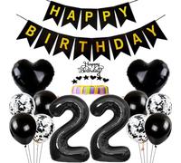 Conruich Decoración de Cumpleaños de 22 años Hombre Mujer, Negro Globo 22 años Cumpleaños Decoraciones, Decoración de tarta de 22 cumpleañ, Banner de Feliz Cumpleaños para Fiesta 22 años Decoración