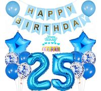 Conruich Decoración de Cumpleaños de 25 años Hombre Mujer, Azul Globo 25 años Cumpleaños Decoraciones, Decoración de tarta de 25 cumpleañ, Banner de Feliz Cumpleaños para Fiesta 25 años Decoración
