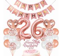 Conruich Decoración de Cumpleaños de 26 años Hombre Mujer, Oro Rosa Globo 26 años Cumpleaños Decoraciones, Decoración de tarta de 26 cumpleañ, Banner de Feliz Cumpleaños para Fiesta 26 años Decoración