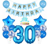 Conruich Decoración de Cumpleaños de 30 años Hombre Mujer, Azul Globo 30 años Cumpleaños Decoraciones, Decoración de tarta de 30 cumpleañ, Banner de Feliz Cumpleaños para Fiesta 30 años Decoración