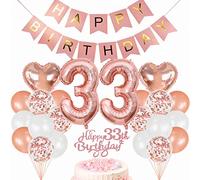 Conruich Decoración de Cumpleaños de 33 años Hombre Mujer, Oro Rosa Globo 33 años Cumpleaños Decoraciones, Decoración de tarta de 33 cumpleañ, Banner de Feliz Cumpleaños para Fiesta 33 años Decoración