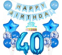 Conruich Decoración de Cumpleaños de 40 años Hombre Mujer, Azul Globo 40 años Cumpleaños Decoraciones, Decoración de tarta de 40 cumpleañ, Banner de Feliz Cumpleaños para Fiesta 40 años Decoración