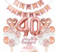 Conruich Decoración de Cumpleaños de 40 años Hombre Mujer, Oro Rosa Globo 40 años Cumpleaños Decoraciones, Decoración de tarta de 40 cumpleañ, Banner de Feliz Cumpleaños para Fiesta 40 años Decoración