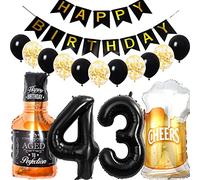 Conruich Decoración de Cumpleaños de 43 años Hombre Mujer, Globo de Foil Whisky Cerveza Vaso Globo de Vino Botella de Cerveza Deco, Gigante Número 43, Fiesta de Cumpleaños Kit para 43 años Mujer