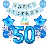 Conruich Decoración de Cumpleaños de 50 años Hombre Mujer, Azul Globo 50 años Cumpleaños Decoraciones, Decoración de tarta de 50 cumpleañ, Banner de Feliz Cumpleaños para Fiesta 50 años Decoración