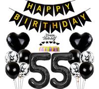 Conruich Decoración de Cumpleaños de 55 años Hombre Mujer, Negro Globo 55 años Cumpleaños Decoraciones, Decoración de tarta de 55 cumpleañ, Banner de Feliz Cumpleaños para Fiesta 55 años Decoración