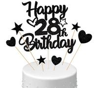 Conruich Decoración para tarta de 28 cumpleaños para hombre, decoración para tartas Happy 28th Birthday Negro, purpurina para tartas, decoración para 28 años, globos de confeti, decoración para tartas