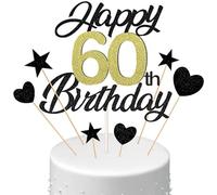 Conruich Decoración para tarta de 60 cumpleaños para hombre, decoración para tarta de cumpleaños Happy 60th Birthday, color negro, purpurina para decoración de 60 años, globos de confeti, para tartas