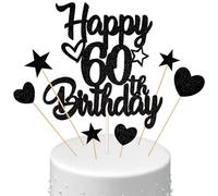 Conruich Decoración para tarta de 60 cumpleaños para hombre, decoración para tartas Happy 60th Birthday Negro, purpurina, decoración para tartas de 60 años, globos de confeti, abanicos de papel para