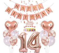 Conruich Decoraciones de Cumpleaños 14 años Niña, Decoración Pastel Oro Rosa Cumpleaños 14 Años Niña, Decoración Fiesta Oro Rosa, Banner de Feliz Cumpleaños para Fiesta de 14 años Decoración