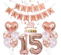 Conruich Decoraciones de Cumpleaños 15 años Niña, Decoración Pastel Oro Rosa Cumpleaños 15 Años Niña, Decoración Fiesta Oro Rosa, Banner de Feliz Cumpleaños para Fiesta de 15 años Decoración