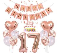 Conruich Decoraciones de Cumpleaños 17 años Niña, Decoración Pastel Oro Rosa Cumpleaños 17 Años Niña, Decoración Fiesta Oro Rosa, Banner de Feliz Cumpleaños para Fiesta de 17 años Decoración