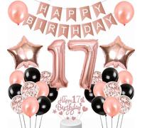 Conruich Globo para 17 cumpleaños - Decoración para niñas, oro rosa, decoración para tartas y pancarta de feliz cumpleaños para niños, decoración de fiesta